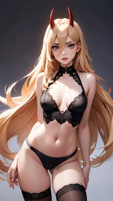 Beautiful woman wearing black underwear detailed body, long blond hair, horns, flat cheast