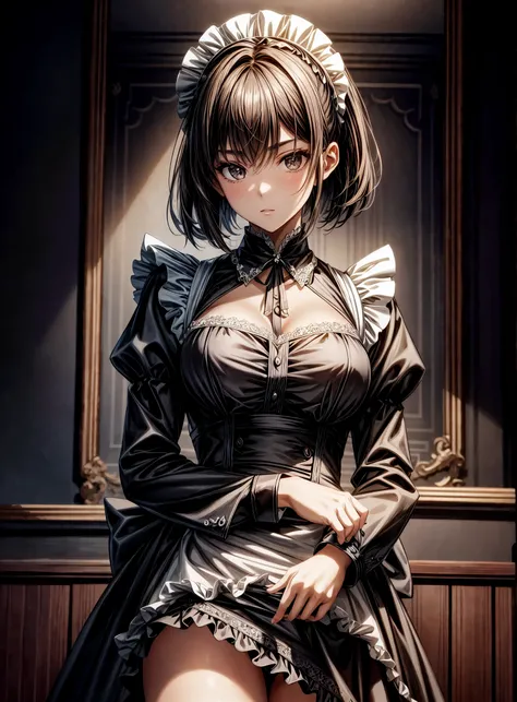 The scene unfolds with a 16-year-old girl, enveloped in a gothic aura, rising majestically before the viewer. ((Her dark hair, cut in a bob style)), frames her pale face, while her dark brown eyes shine with an enigmatic intensity. She is clad in a ((maid ...