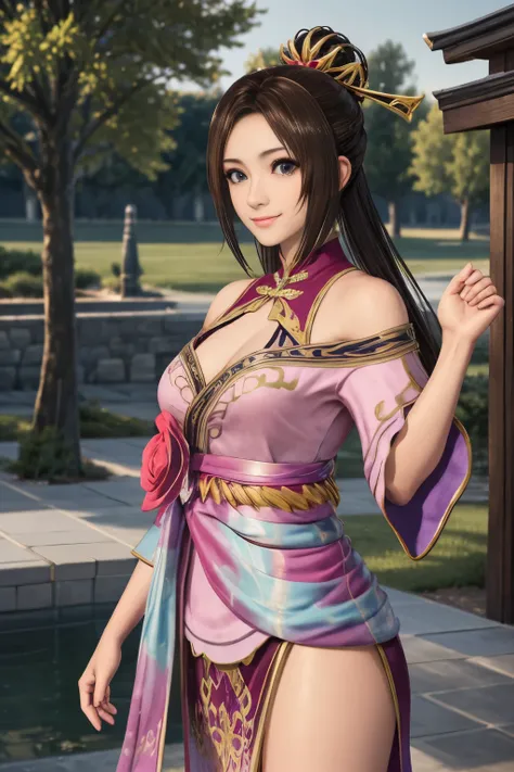 diaochan from sangoku musou 8,masterpiece、1 cute girl、17 year old high school student、smile,fine eyes、puffy eyes、bright outdoors...