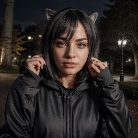 (high quality,realistic,photorealistic:1.37),ultra-detailed,portrait,short gray hair,black jacket,[wolf] furry,wearing black sweatshirt,[walking:0.9],mouth ajar,[nothing in hands],in park,night buildings in landscape.