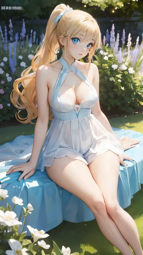 (masterpiece:1.2), (highest quality:1.2),, Curvy but slender body, perfect eyes, perfect face, perfect lighting, 1 girl, in the garden, （M-shaped legs），（I can see your feet），（sexy），（shorts），（Wedding dress），（ponytail），curly hair, fine clothes, detailed outd...