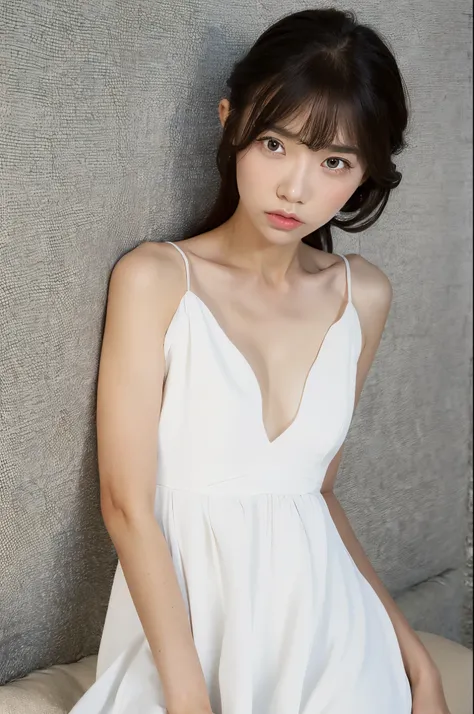 best quality,masterpiece,(lifelike:1.4),original photo,(Realistic skin texture_1.3),1 girl,alone,Bangs,long hair,white dress,Half body,