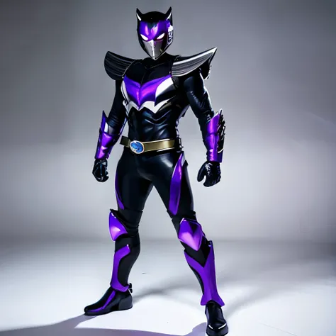 Kamen Rider、Hero、black and purple body、transformation belt、Cat type、black mask、silver line、whole body