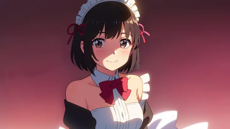 shinkai makoto, kimi no na wa., 1girl, bangs, black hair, blush, bright eyes, brown eyes, bow, ribbon, short hair, smile, cute, beautiful, shiny skin, looking at viewer, solo, maid clothes, maid headdress, short dress, frills, hair ornament, Off-the-should...