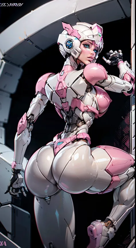 (Arcee), Arafed Mujer con un traje futurista posando para una foto, (detailed face), defined cheekbones, (puffy lips), (white sclera), en armadura futurista blanca, girl in mecha cyber armor, (helmet covers forehead), full lips, (pink and white color schem...