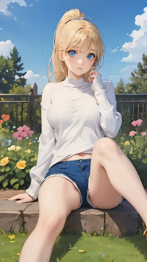 (masterpiece:1.2), (highest quality:1.2),, Curvy but slender body, perfect eyes, perfect face, perfect lighting, 1 girl, in the garden, （sweater），（I can see your feet），（sexy），（shorts），（glasses），（ponytail），curly hair, fine clothes, detailed outdoor backgrou...