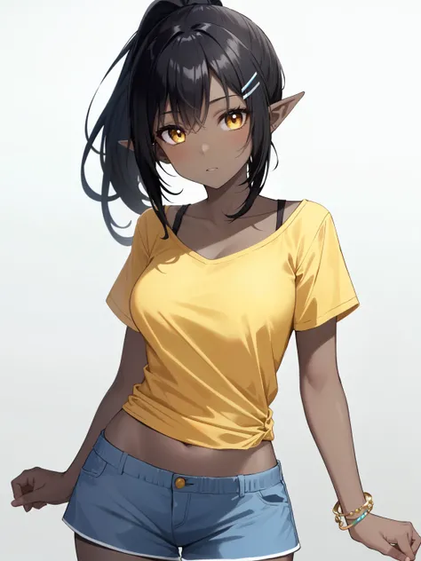 1girl with black hair and brown eyes (gray skin1.2), (black skin:1.2), (pale skin:1.2), (dark skin), pointy ears, ponytail, hairclips, medium breasts, yellow shirt, bracelets, blue shorts