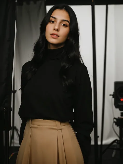 analog raw candid photo of a beautiful young Greek woman, realistic skin texture, black long wavy hair, slim, (closed mouth:1.1), black turtleneck shirt, studio lighting, studio portrait, 35mm, perfect proportion, half body portrait 