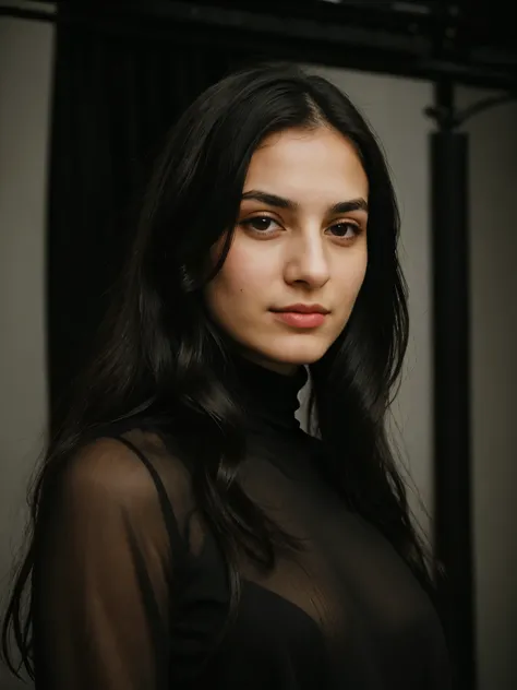 analog raw candid photo of a beautiful young Greek woman, realistic skin texture, black long wavy hair, slim, (closed mouth:1.1), black turtleneck shirt, studio lighting, studio portrait, 35mm, perfect proportion, half body portrait 