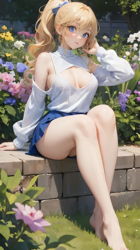 (masterpiece:1.2), (highest quality:1.2),, Curvy but slender body, perfect eyes, perfect face, perfect lighting, 1 girl, in the garden, （sweater），（I can see your feet），（sexy），（skirt），（（Glasses）），（ponytail），curly hair, fine clothes, detailed outdoor backgro...