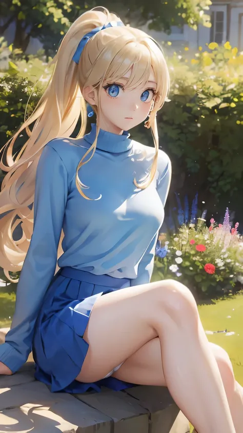 (masterpiece:1.2), (highest quality:1.2),, Curvy but slender body, perfect eyes, perfect face, perfect lighting, 1 girl, in the garden, （sweater），（I can see your feet），（sexy），（skirt），（（Glasses）），（ponytail），curly hair, fine clothes, detailed outdoor backgro...