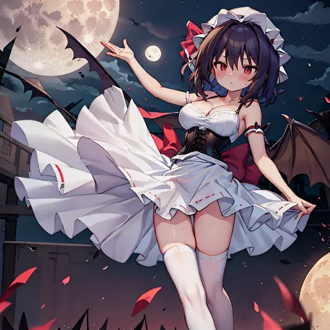 (Remilia toho character), (solo:1.2), (standing on the deck of mansion:1.1), a full moon, midnight, BREAK, short hair, collarbone, (emphasize very perky large breasts:1.1), (emphasize cleavage:1.2), (inconceivably thin waist:1.3), (very short thin torso:1....