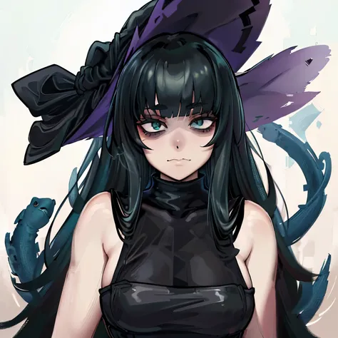 (masterpiece, best quality, ultra-detailed, highres), 1girl, Snake Eyes, Bags under eyes, sole female, long hair, blunt bangs, black hair:1.2, green eyes, mature female, sleeveless turtleneck , soft smile, face focus, witch hat, gothgirl, dark clothes