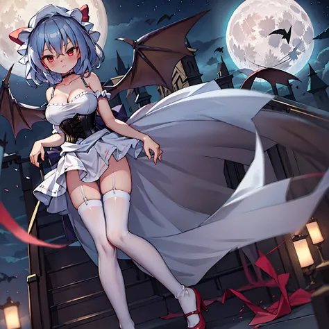 (Remilia toho character), (solo:1.2), (standing on the deck of mansion:1.1), a full moon, midnight, BREAK, short hair, collarbone, (emphasize very perky large breasts:1.1), (emphasize cleavage:1.2), (inconceivably thin waist:1.3), (very short thin torso:1....