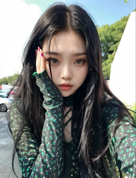 a close up of a woman with long hair wearing a green shirt, ulzzang, cruel korean goth girl, wan adorable korean face, jinyoung shin, long straight green black hair, blackpink jennie, korean girl, gorgeous young korean woman, beautiful south korean woman, ...