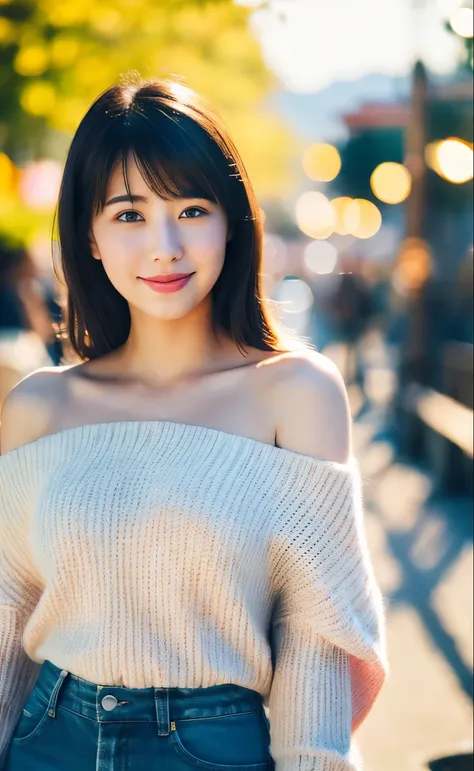 1girl, (looking at viewer),  (bokeh:1.1), closed mouth,light smile, realistic, off shoulder,
pants, skyline,
best quality, (photorealistic:1.4), ultra highres, llfMasami Nagasawa