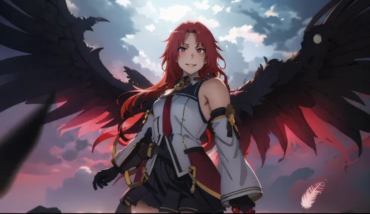 iris, red hair, long hair, braid, red eyes,, heavy breathing, 1girl, solo, breasts, wings,  gloves, looking_at_viewer, skirt, dr...