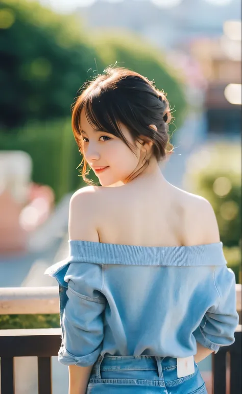 1girl, (looking at viewer),  (bokeh:1.1), closed mouth,light smile, realistic, off shoulder,
pants, skyline,
best quality, (photorealistic:1.4), ultra highres, llfMasami Nagasawa