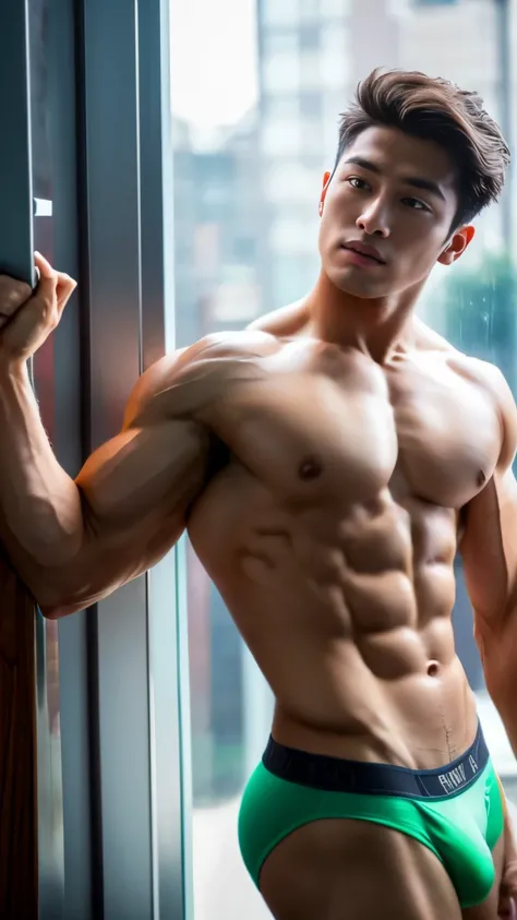 Masterpiece, Best Quality, Solo, Korean Men, bodybuilder, Muscular body, big muscle, Natural eyes, Short and delicate hair, Sexy Man, looking up at viewer, Triangle mens underwear, Erection, legs open, Muscular posture