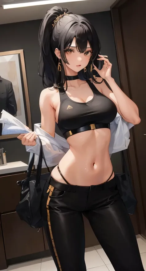 female, 20 years old, ((black hair)), gold earrings, large breasts, black sports bra, black pants.
