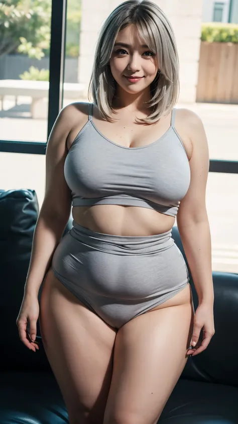 high quality,8K,high resolution,woman,1 personality,tall,realistic texture,Muchimuchi,cute smile,whole body,silver hair,(tight waist),(curvy10),(plump15),(fat1),(thick thighs 5),(mysterious),colorful,,