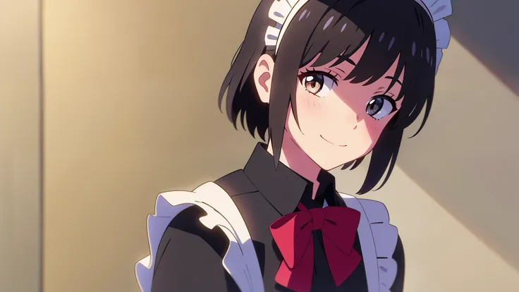 shinkai makoto, kimi no na wa., 1girl, bangs, black hair, blush, bright eyes, brown eyes, bow, ribbon, short hair, smile, cute, beautiful, shiny skin, looking at viewer, solo, maid clothes, maid headdress, short dress, frills, hair ornament, Off-the-should...