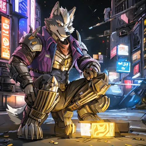 wolf o'donnell looking to the right pointing his gun in a cyberpunk city, concept art with wolf o'donnell facing the x axis look...