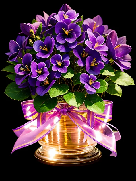 (purple flowers+Transparent flowers),(Petals that shine in the light),(Stylish potted tree and pink ribbon),stronger contrast、Highlight Intensity、Beautiful reflected light、dark foreground, magical light stream, Silver vapor surrounding the guardian cloud, ...