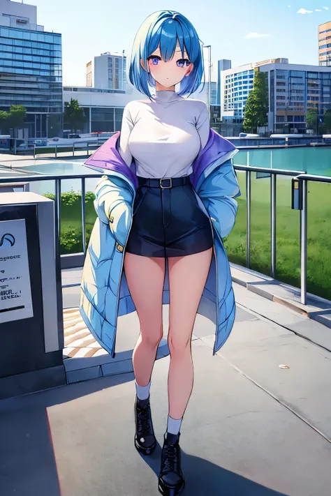 full body image, 1 girl, blue hair, Tsundere, A girl with purple eyes wearing a mint green down jacket and white shirt, One mole on the right cheek, bob cut, anime moe art style, highly detailed characters, 8K, city center, Queen