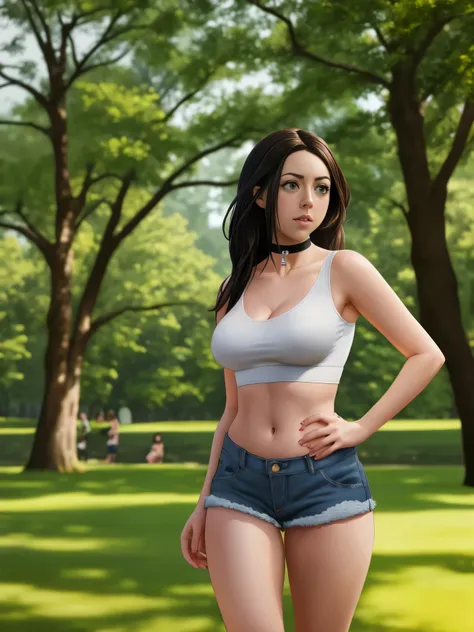 Aubrey Plaza, masterpiece quality, realistic, lots of detail, 1girl, solo, studio lighting, in a park, meadows and trees in background, wearing choker collar, wearing blue Jean shorts, wearing black crop top, midriff, long hair, medium breasts, (medium bre...