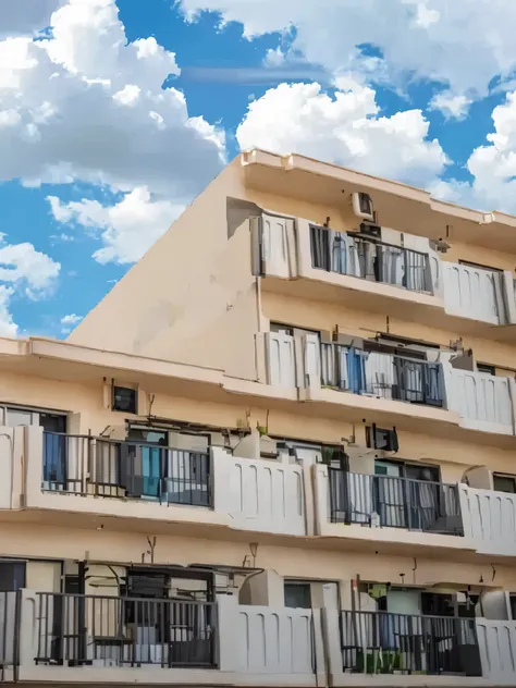 araffe apartment building with balcony and balcony on the second floor, whole building, exterior, residential street, balcony, Complex!!, single building, crenellated balcony, mid view, in a Japanese apartment, flat!!, flat, orderly and densely packed buil...