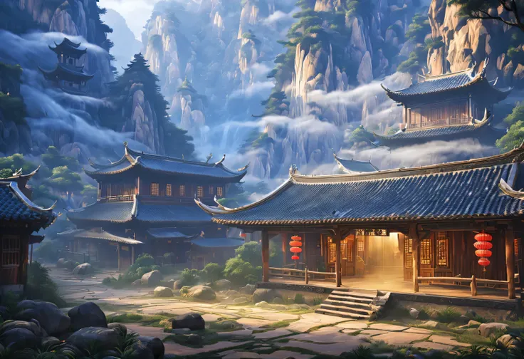 a small courtyard in rural china，there is an old wooden house inside，the main materials of the wooden house are yunnan pine and ...