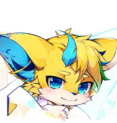 Close-up of a yellow cat with blue eyes, Portrait of Zeraora, furaffinity Ferson, Gerbru, furry affinity, Mika Pikazzo, telegram stickers, Sora is a cat, Sony Chu, Not friendly to the Democratic , roughly, cynical face, Ferson!!!!, Half body headshot, Firm...