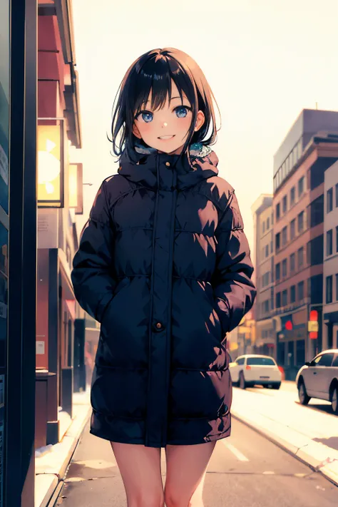 (morning), 1 girl, alone, looking at the viewer, winter, cowboy shot, (downtown), cowboy shot, smile, black hair