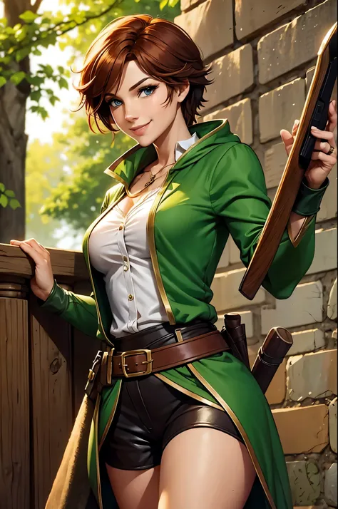 robin hood, but genderswapped to be a woman. confident and easy going smile