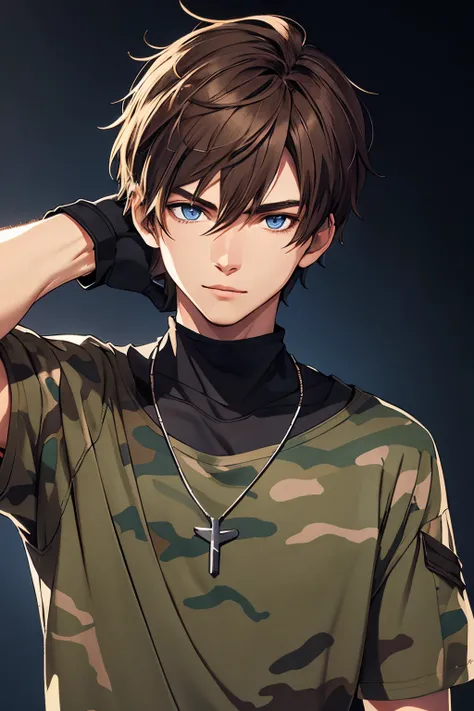 a young man, solo, caucasian, short wavy brown hair, blue eyes, oversized camouflage pattern crew-neck t-shirt, black sweatpants, black fingerless gloves, necklace, dark background, ambient lighting