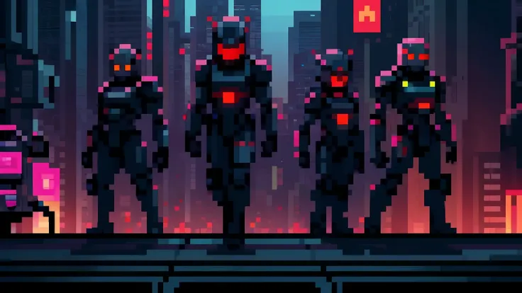 futuristic apocalyptic pixel world, scifi, a group of robots with red eyes, pistols, sleek metallic bodies, glowing energy cores, broken futuristic cityscape, neon lights, artificial intelligence, simplistic colors