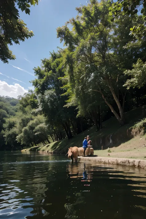 Imagem Jesus Cristo em um lago, with children and animals, lots of scenery on a beautiful morning day 