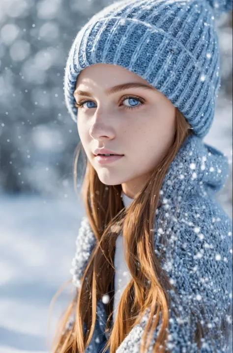 (masterpiece:1.2, best quality, RAW, DSLR photography, cinematic lighting), highly detailed, pretty face, 1girl, russian girl, freckles, blue eyes, wearing winter clothes, beannie hat, close-up shot, facial focus, face and breast, against blurry bokeh snow...