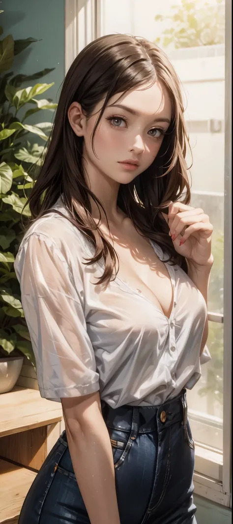 girl in summer clothes, white blouse, light blue shorts, pantyhose or long stockings, making like she wants to kiss you, view from viewer, medium breasts, cleavage, random backgroud, flirtatious look, ((very detailed)), (perfectly detailed face), (well det...