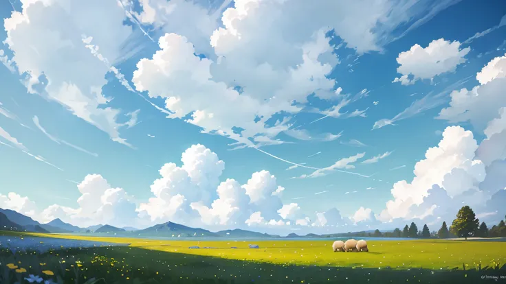 Summer, meadows, few small flowers, clear lakes, sheep, heaven, large clouds, blue sky, hot weather, HD detail, wet watermark, hyper-detail, cinematic, surrealism, soft light, deep field focus bokeh, distant view is snowy mountains, ray tracing, and surrea...