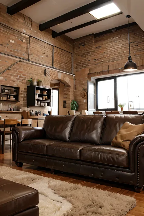 loft. Leather sofa in the foreground