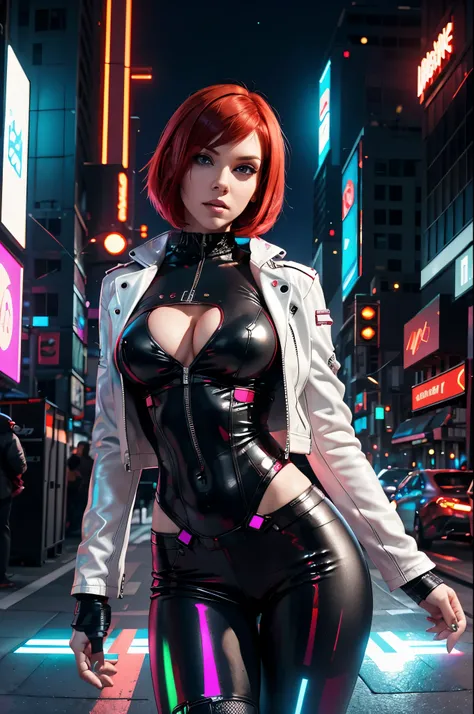 Alison Tyler, perfect body, cyber punk, musicians, red hair bob cut woman, wide angle lens, expressive, look up, Laser hologram, white leather jacket, top of the building, cyberpunk city night, medium bust, sexy pose