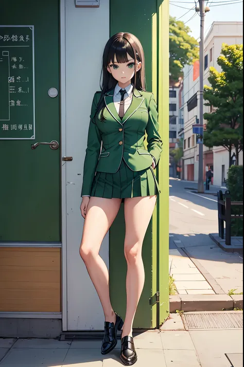 He is a man wearing a green school uniform who is sexy and popular with women all over the world。I like green。A frontal photo from head to foot。shoes are sexy。kind eyes, and a beautiful voice.。Please generate a full-body frontal image