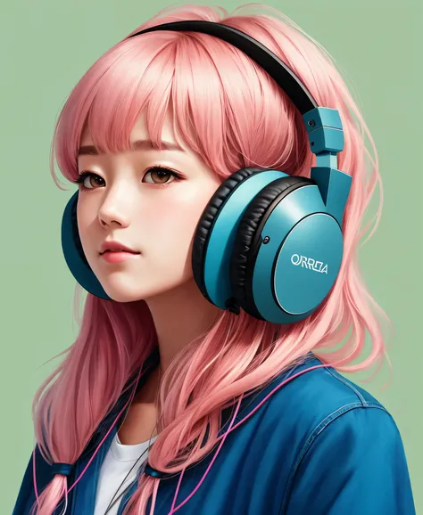 Headphones on the head을 이고 있는 여자의 클로즈업, pink headphones, wearing headphones, listen to the music, wearing headphones, In digital illustration style,  using ouvido phone, Vibrate to the music, Very high quality artwork, Exquisite digital illustrations, high...