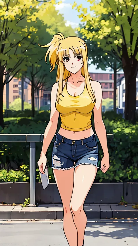 Fate Testarossa, smile, beautiful, sexy, yellow tank top showing some breasts and stomach, short jeans showing smooth thighs, black sports shoes, background in the city of Uminari in the morning.