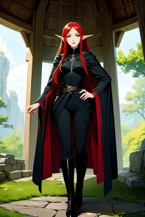 (highres,ultra-detailed),(anime,high fantasy),tall elf girl, young, long red hair, green eyes, fair skin, wearing a black cloak with black pants and boots.