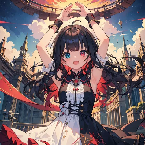 (masterpiece), background, floating city, fantasy, 1 girl,red and blue heterochromia, smile＋happy, medium hair, blunt bangs, flipped hair, black hair, red inner hair, (wavy hair), Upper body, arms up, open mouth, ((front)), Ahoge, from below, frill dress