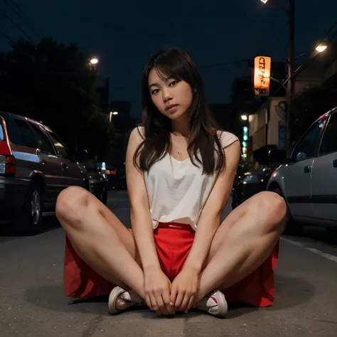 Create a realistic Asian girl sitting with her legs open on a red 1996 Honda Civic car at night.