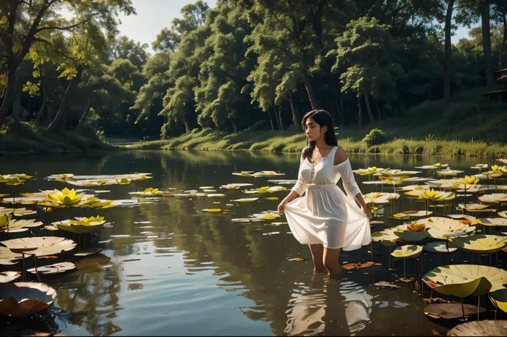 An Indian girl 18 year old one girl picking lotus in the lake wearing a white traditional short dress, oily skin, morning light, lake background, village background, lotus background, wet clothes, wet body, clothes ripped, cinematic 